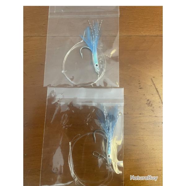Lot de 2 montages mer - Raglou bleu 6 cm avec plumes - pr�ts � p�cher