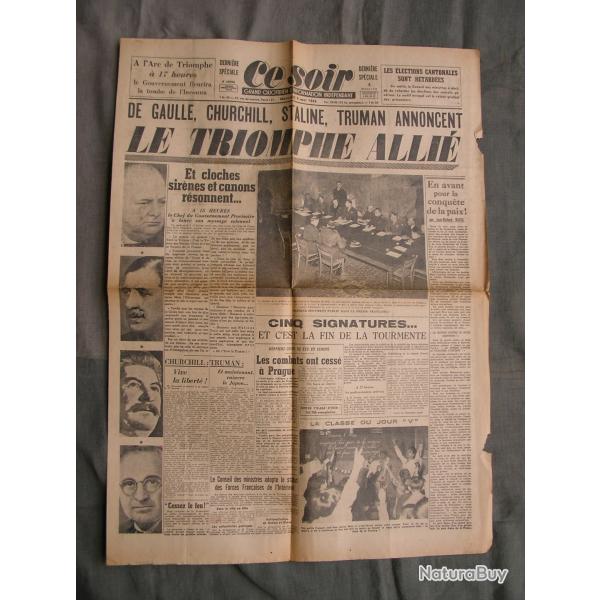 WW2 FRANCE JOURNAL FRANCAIS" CE SOIR 9 MAI 1945 " �POQUE ARMISTICE J+1 39-45