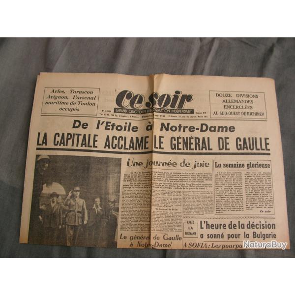 WW2 FRANCE JOURNAL FRANCAIS" CE SOIR 27 AOUT 1944 " �POQUE LIB�RATION DE PARIS 39-45