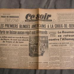 WW2 FRANCE JOURNAL FRANCAIS" CE SOIR 25 AOUT 1944 " &Eacute;POQUE LIB&Eacute;RATION DE PARIS 39-45