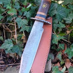 Couteau Poignard Lame Acier Damas 256 Couches Manche Bois Garde Pommeau Damas Etui Cuir F Artisan