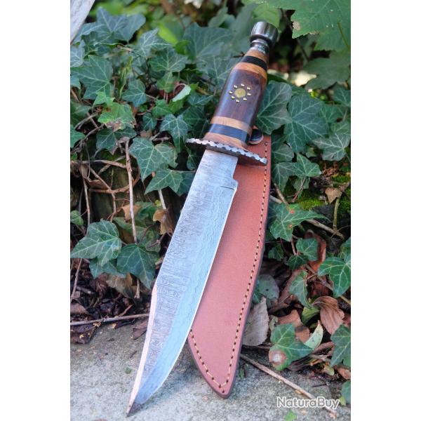 Couteau Poignard Lame Acier Damas 256 Couches Manche Bois Garde Pommeau Damas Etui Cuir F Artisan
