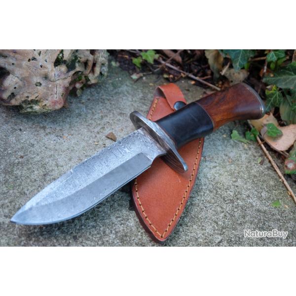 Couteau Poignard Lame Acier Damas 256 Couches Manche Bois Garde Pommeau Damas Etui Cuir F Artisan 00