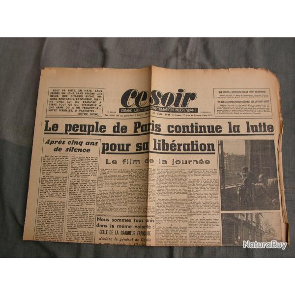 WW2 FRANCE JOURNAL FRANCAIS" CE SOIR 22 AOUT 1944 " �POQUE LIB�RATION DE PARIS