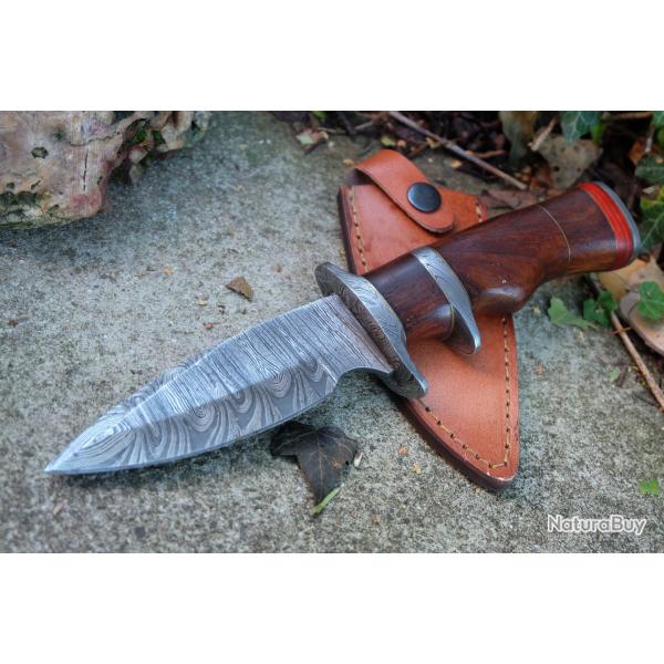 Poignard De Chasse Sub-Hilt Fighter Lame Acier Damas 256 Couches Manche Bois Etui Cuir F Artisanale