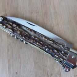 Ancien couteau de chasse 3 pi&egrave;ces VERITABLE ISSARINOX bois de cerf &agrave; palanquille Thiers FRANCE