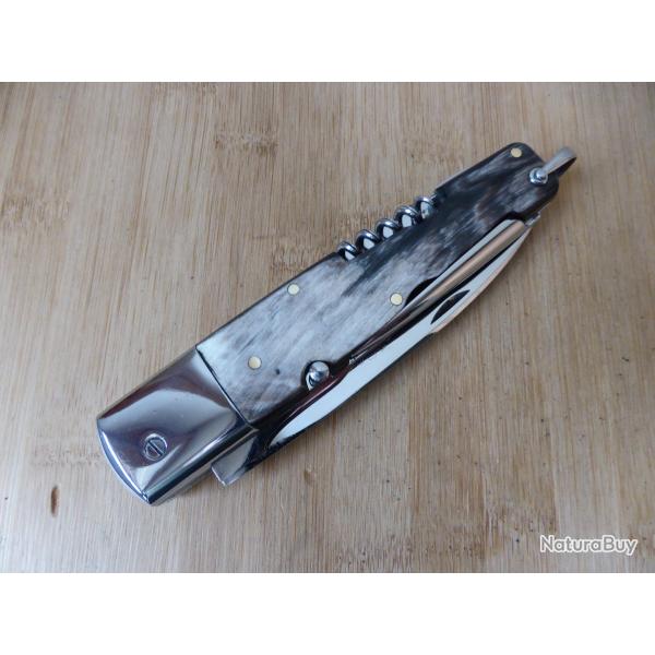 Ancien couteau pliant Vintage 4 pi�ces � pompe corne BEGON INOX Thiers FRANCE Jamais SERVI