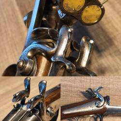 Joli fusil juxtapos&eacute; du XIXe &agrave; broche de calibre 16 Cat&eacute;gorie D e + 2 cartouches SF Paris Gevelot