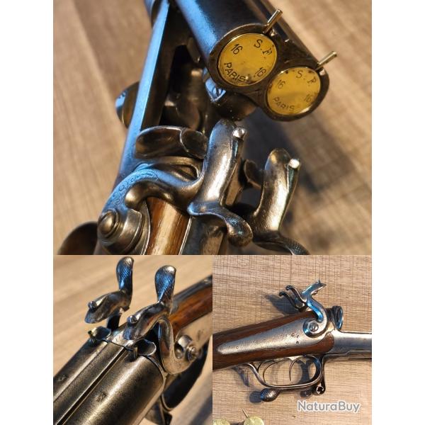 Joli fusil juxtapos� du XIXe � broche de calibre 16 Cat�gorie D e + 2 cartouches SF Paris Gevelot