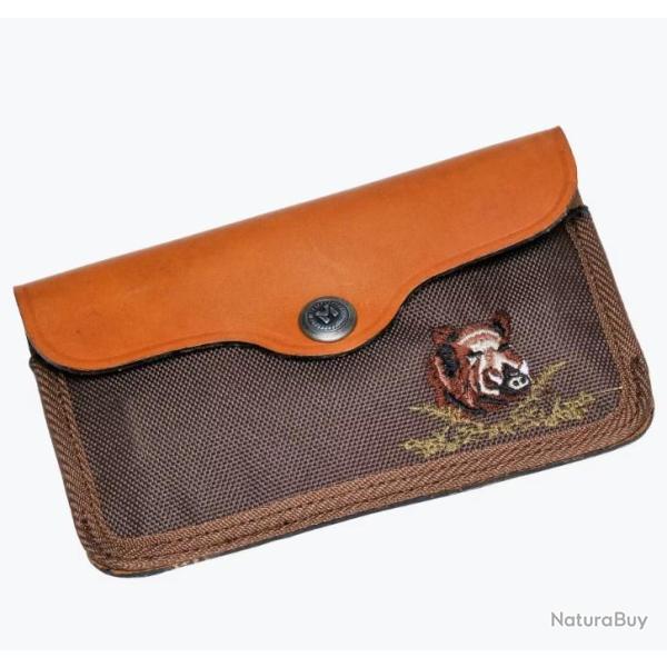 Pochette � balles toile et cuir vachette 10 tubes brod�e sanglier