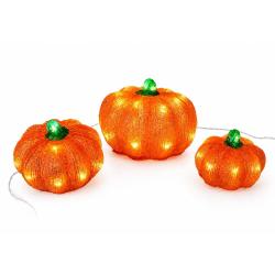 Set de 3 Citrouilles LED Blanc Chaud - D&eacute;coration Automnale &Eacute;clairage Int&eacute;rieur/Ext&eacute;rieur