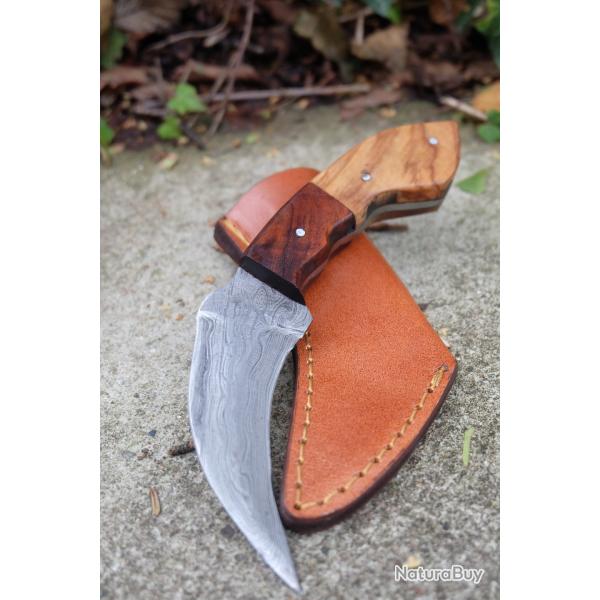 Couteau Griffe Lame Acier Damas 256 Couches Manche 2 Bois Etui Cuir Fabric Artisanale