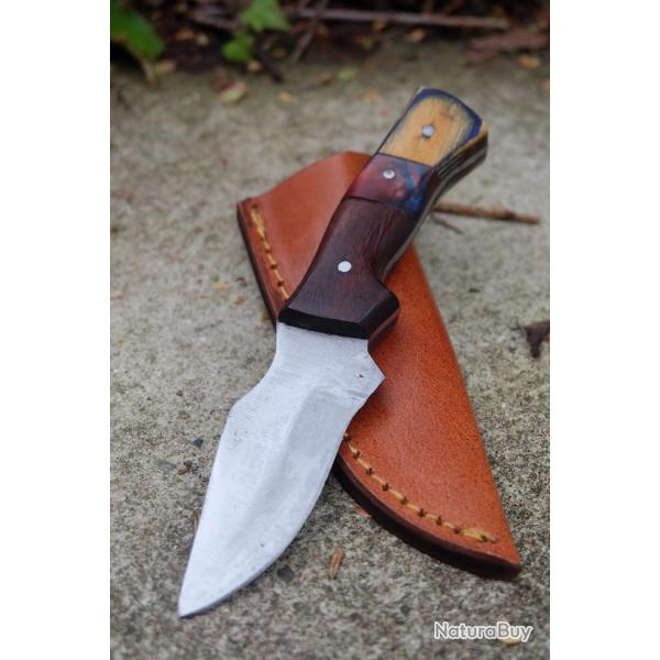 Couteau Skinner de Poche Lame Acier Carbone 1055 Manche Bois Cocobolo Etui Cuir Fab Artisanale
