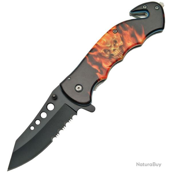 Couteau Pliant Rite Edge Flaming Skull A/O Lame Inox Manche Aluminium Noir Linerlock CN300261