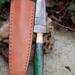 Couteau L'Irlandais Dague Scottish Lame Acier Damas 256 Couches Manche Bois Etui Cuir Fab Artisanale