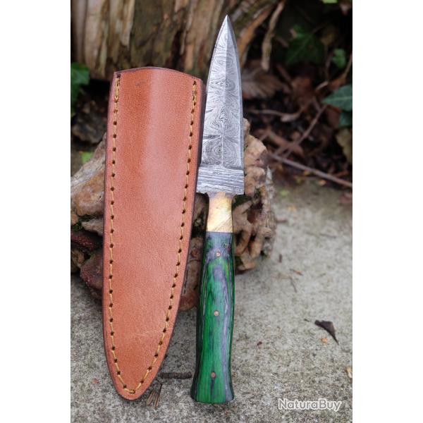 Couteau L'Irlandais Dague Scottish Lame Acier Damas 256 Couches Manche Bois Etui Cuir Fab Artisanale