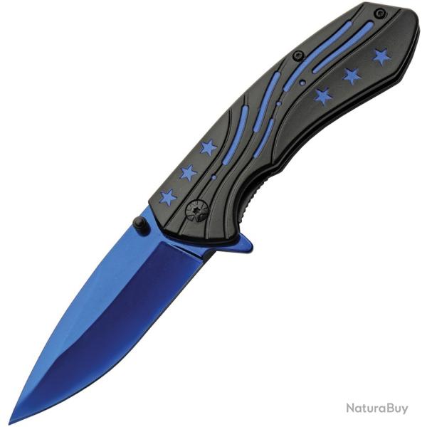 Couteau Pliant Rite Edge Stars Lame Acier 3Cr13 Manche Aluminium Noir et Bleu Linerlock CN300600BL