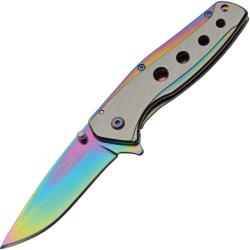 Couteau Pliant Rite Edge A/O Lame Acier 3Cr13 Manche Inox Arc-en-ciel et Argent Linerlock CN300608