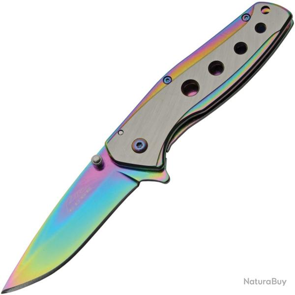 Couteau Pliant Rite Edge A/O Lame Acier 3Cr13 Manche Inox Arc-en-ciel et Argent Linerlock CN300608