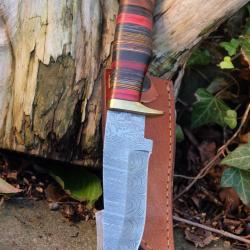 Couteau Poignard Lame Acier Damas 256 Couches Manche Bois Garde Laiton Etui Cuir Fabr Artisan