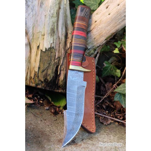 Couteau Poignard Lame Acier Damas 256 Couches Manche Bois Garde Laiton Etui Cuir Fabr Artisan