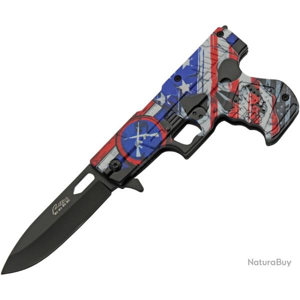 Couteau Pliant Rite Edge Gun Skull Flag A/O Lame Inox Manche ABS Linerlock CN300227SK