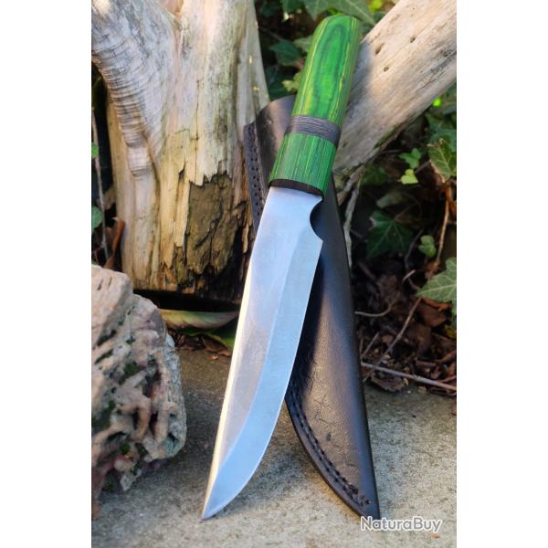 Poignard L'Irlandais Couteau Lame Acier Carbone 1055 Clip Point Manche Green Fab Artisan Etui Cuir