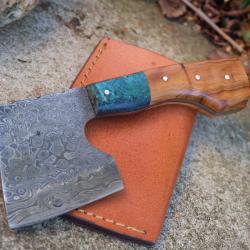 Couteau d'Esquimau Inuit Ulu Hachette Lame Acier Damas 256 Couches Manche Bois/R&eacute;sine Etui Artisanat