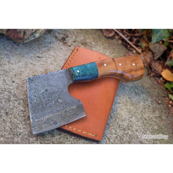 Couteau d'Esquimau Inuit Ulu Hachette Lame Acier Damas 256 Couches Manche Bois/R�sine Etui Artisanat