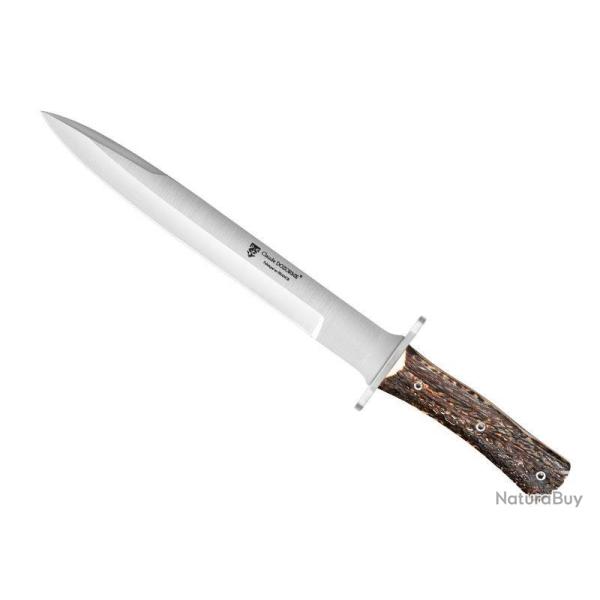 DAGUE CLAUDE DOZORME LAME MONO TRANCHANT 25CM ACIER MANCHE BOIS DE CERF + ETUI