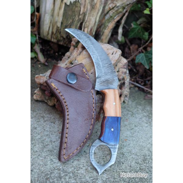Couteau Karambit Lame Acier Damas 256 Couches Manche 2 Bois Etui Cuir Fabrication Artisanale