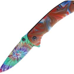 Couteau Pliant Rough Rider A/O Lame Inox Tie Dye Manche Synth&eacute;tique Rouge et Bleu Linerlock RR1909