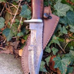 Couteau Poignard Lame Acier Damas 256 Couches Manche Bois Garde Nickel Etui Cuir Fabr Artisanale