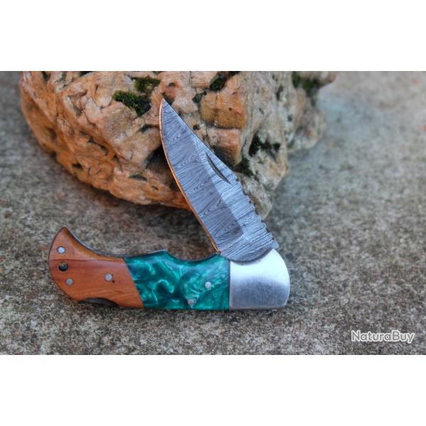 Couteau Lame Damas 128 Couches Manche Bois/R�sine Fa�on Buck 112 Fabrication Artisanale Lockback