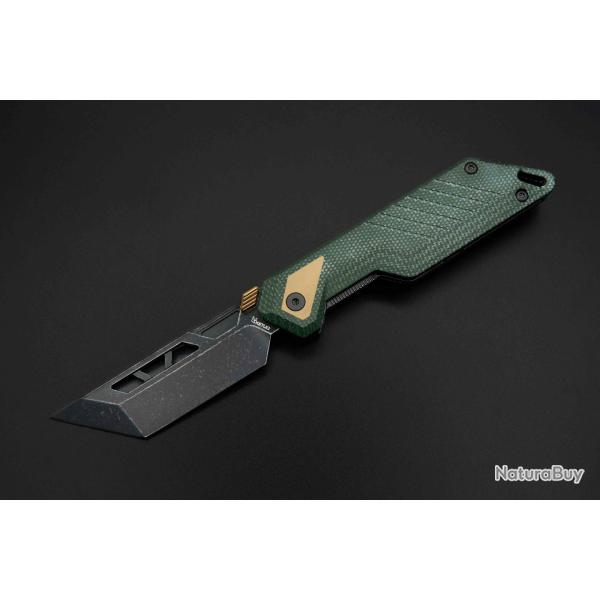 Couteau Ketuo Mutiny Lame Acier 14C28N Tanto TiC Stonewash Manche Micarta Vert Linerlock KETM0170