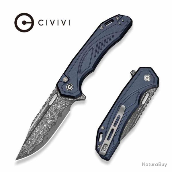 Couteau Pliant Civivi Zelthara Lame Acier Damas Manche Aluminium Bleu Fonc� Button Lock CIVC25076DS1