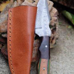 Couteau Skinner de Poche Lame Acier Damas Goutte 256 Couches Manche 2 bois Etui Cuir Fab Artisanale