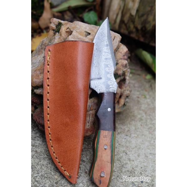 Couteau Skinner de Poche Lame Acier Damas Goutte 256 Couches Manche 2 bois Etui Cuir Fab Artisanale