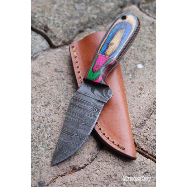 Couteau Skinner de Poche Lame Acier Damas 256 Couches Manche Cocobolo Etui Cuir Fab Artisanale