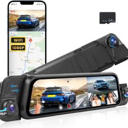 Dashcam R&eacute;troviseur 4 Canaux 1080P, IPS Tactile 9,7 Pouces Trois Vues 720P, WiFi, Streaming, Aide au