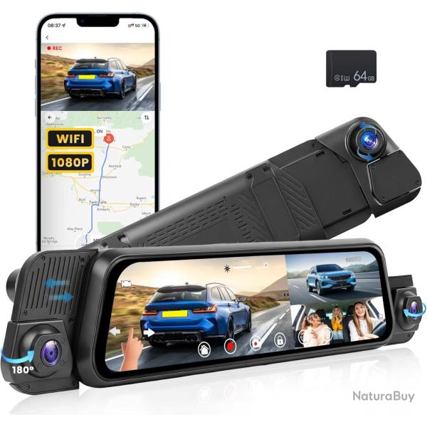 Dashcam R�troviseur 4 Canaux 1080P, IPS Tactile 9,7 Pouces Trois Vues 720P, WiFi, Streaming, Aide au