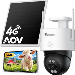 Ctronics AOV 3K Cam&eacute;ra de Surveillance 4G Solaire Exterieur Sans Fil,IP66 Enregistrement 24/7,Suivi
