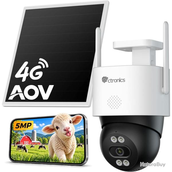 Ctronics AOV 3K Cam�ra de Surveillance 4G Solaire Exterieur Sans Fil,IP66 Enregistrement 24/7,Suivi