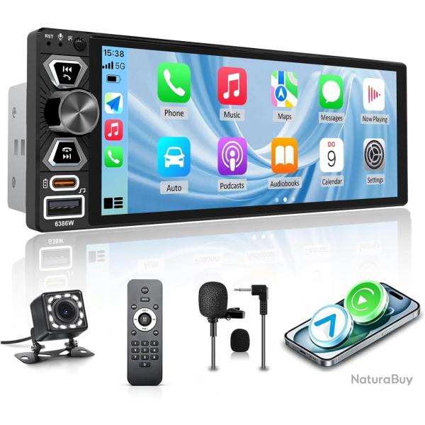 Ecran Carplay Autoradio 1 DIN CarPlay 6,9 Pouces �cran Tactile CarPlay et Android Auto sans Fil, Blu