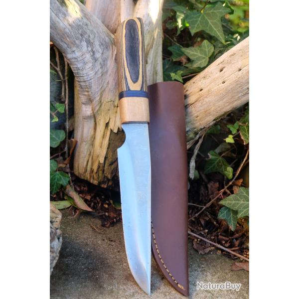Poignard Puukko Couteau Lame Acier Carbone 1055 Clip Point Manche Tigre Fab Artisanale Etui Cuir