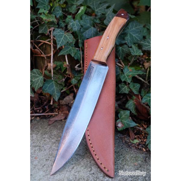 Couteau de Gaucho Argentin Bowie Lame Acier Carbone 1075 Etui Cuir Manche Bois Olivier F Artisan