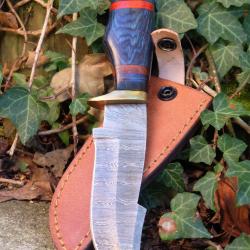 Couteau Poignard Lame Acier Damas 256 Couches Manche Bois Atlantide Garde Laiton Etui Cuir Artisan01