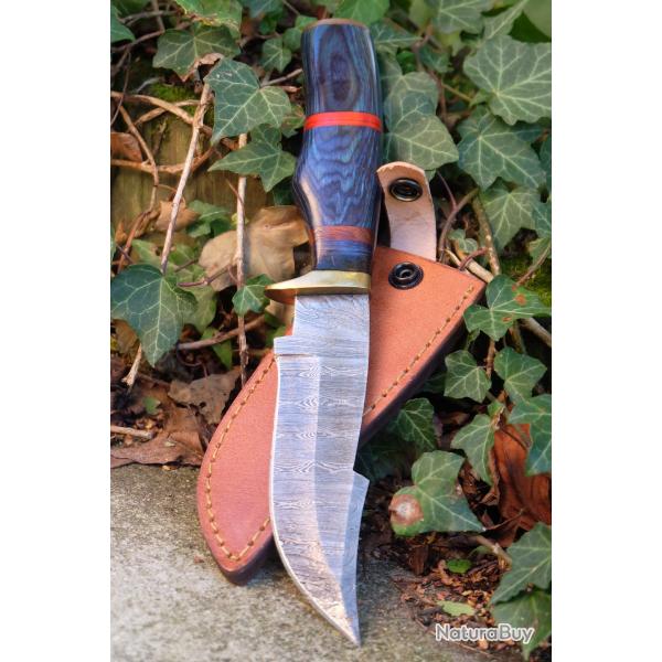 Couteau Poignard Lame Acier Damas 256 Couches Manche Bois Atlantide Garde Laiton Etui Cuir Artisan01