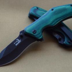 Couteau Elk Ridge Green Wood Handle A/O Lame Acier 440 Manche Bois Linerlock Clip