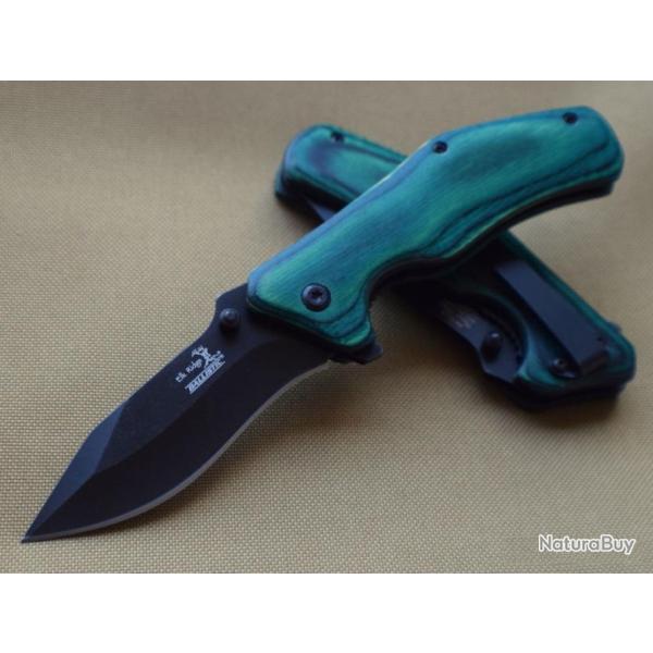 Couteau Elk Ridge Green Wood Handle A/O Lame Acier 440 Manche Bois Linerlock Clip